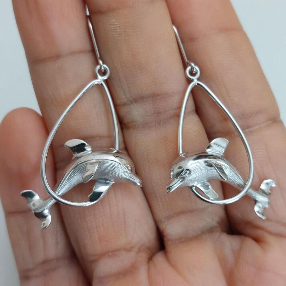 Sterling Silver Hollow Dolphin Teardrop Hoop Dangle Drop Earrings